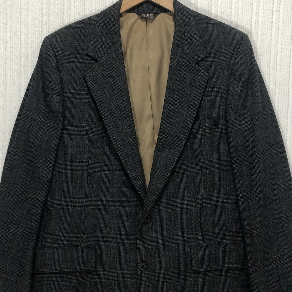 Bill Blass Mens Grey Glen Plaid 100% Pure Wool Blazer Sport Coat Made in USA